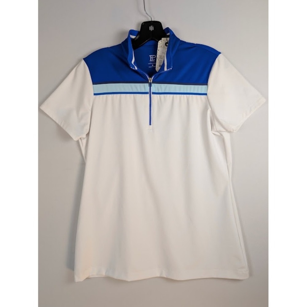 EP New York Golf Polo Womens MED Quarter Zip Short Sleeve Mock Neck Stripe NEW